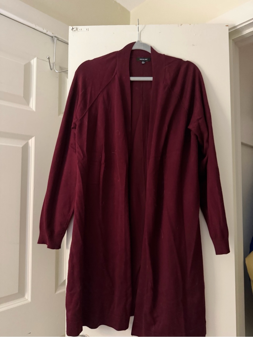 Verve Ami Open-Front Long Cardigan in Burgundy
